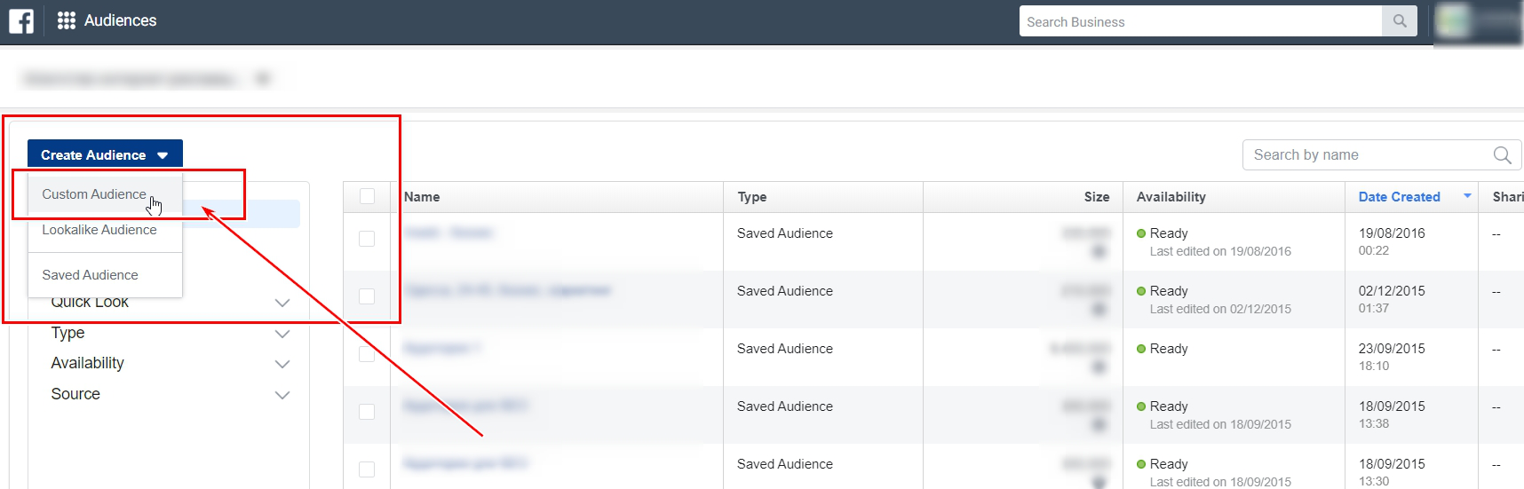 Creating audience in Facebook Ads Manager